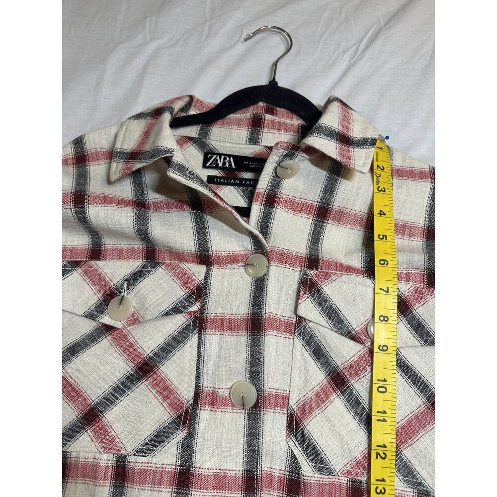 Zara Women S Italian Fabric Plaid Oversized Shacket Jacket Red Cream Black - Picture 3 of 5